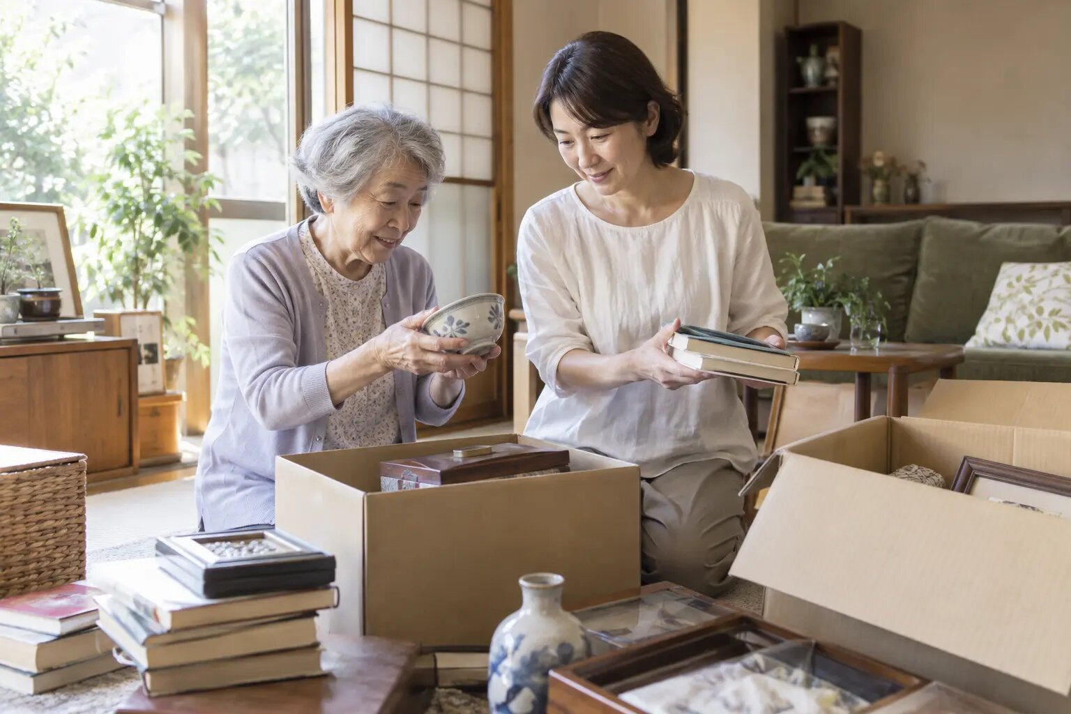 家族と一緒に持ち物を選ぶ生前整理のイメージ